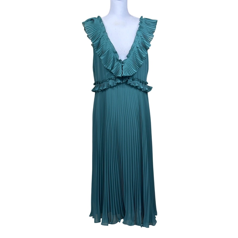 Sezane Teal Green Pleated Ruffle V-Neck Midi Dress Size 44 Accordion Sunray
